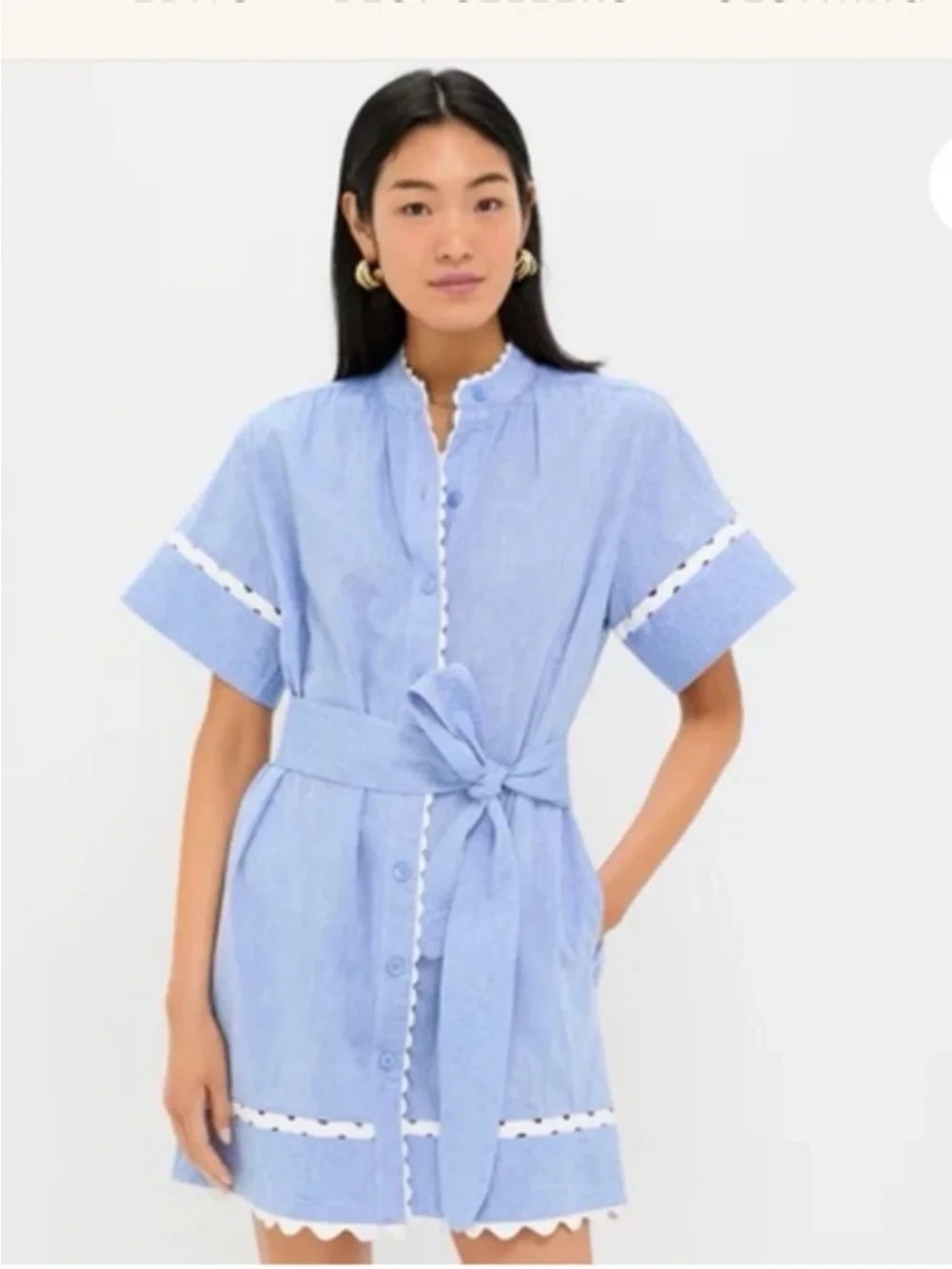 Tuckernuck Cornelia Chambray Dress Size XS Blue Ric Rac Belted Preppy Linen Blnd